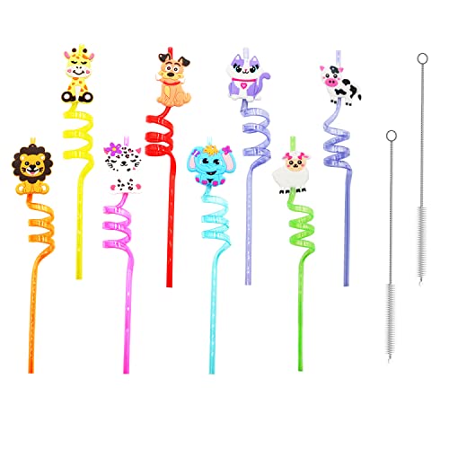 Pailles à image d'animal de 8 pièces, pailles en spirale de fête, pailles bouclées nouées, pailles réutilisables avec 2 brosses de nettoyage de paille...