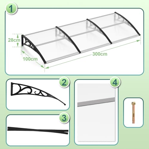 Auvent de porte extérieur polycarbonate transparent 100 x 300 cm arqué