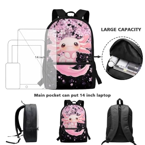 Xhuibop Cute Axolotl Backpack Set for Girls 8-12 4pcs Kids School Bag Cherry Blossom Backpack with Lunch Box, Pencil Case, Water Bottle Sleeve, Lightweight Middle School Bookbag4