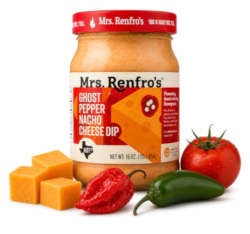 Mrs. Renfro's Ghost Pepper Nacho Cheese Dip, 16 oz Jar (Pack of 1) – Gluten Free Extra Hot Creamy Cheese Dip with Ghost Pepper – Ready-to-Serve for Nachos, Tortilla Chips, Fries, Tacos & Party Appetizers