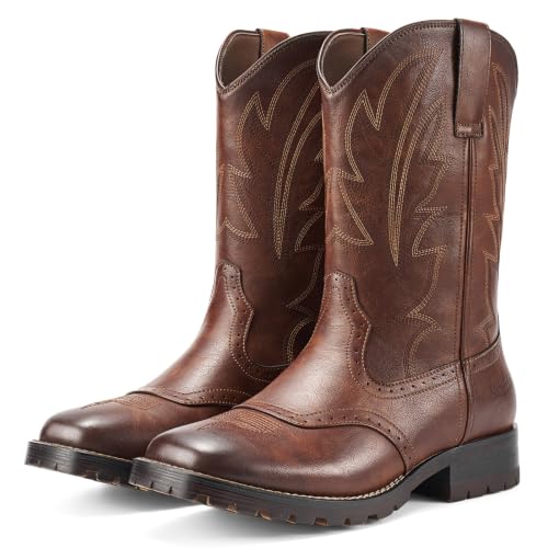Image of Rollda Cowboy Boots for Men Western Boots Men's Square Toe Chunky Heel Mid-Calf Boots Classic Embroidered Pull On Boots
