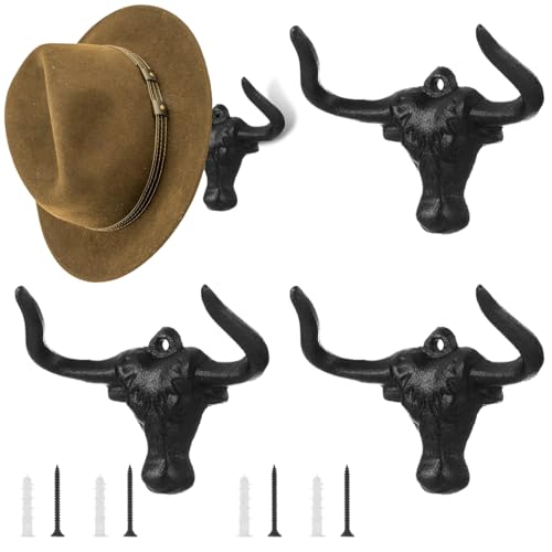 4 PCS Cowboy Hat Rack for Wall, Cast Iron Bull Head Hook with Longhorn, Vintage Hat Holder, Rustic Wall Coat Hanger