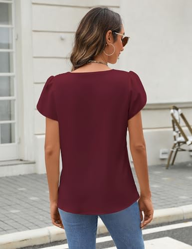 Fayenne Womens Tops Dressy Casual V Neck Ruffle Short Sleeve Blouse Business Casual Tops Chiffon Flowy Shirt Cute Summer Tops Burgundy — view 5