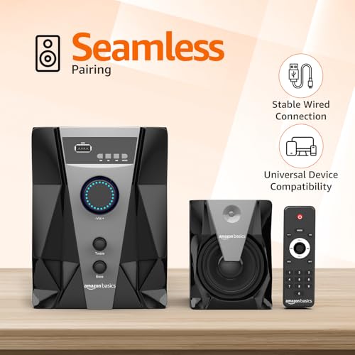 Image of Amazon Basics Wired 2.1 Multimedia Speaker with Remote | 50 W RMS | Bluetooth v5.1 | Aux in, USB, Micro TF Card | Compatible with TVs, Smart Phones, Tablets, PCs (Black)