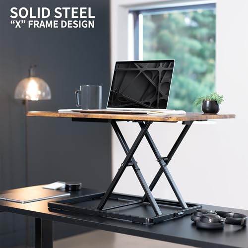 Image of VIVO Ultra-Slim 32 Inch Single Top Height Adjustable Standing Desk Riser, Compact Sit Stand Desktop Converter for Monitor or Laptop, Vintage Brown, DESK-V032JN