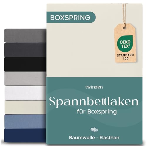 Twinzen Boxspring Spannbettlaken 180x200cm Premium, Baumwolle mit 5{3a3b3ce330c6dc3bfd48f71d5ecf2e59b7315be36218034b197b7a7b9acde78e} Elastan, 250gsm - 40cm Boxspringbett/Dicke Matratzen - Beige - Oeko-Tex