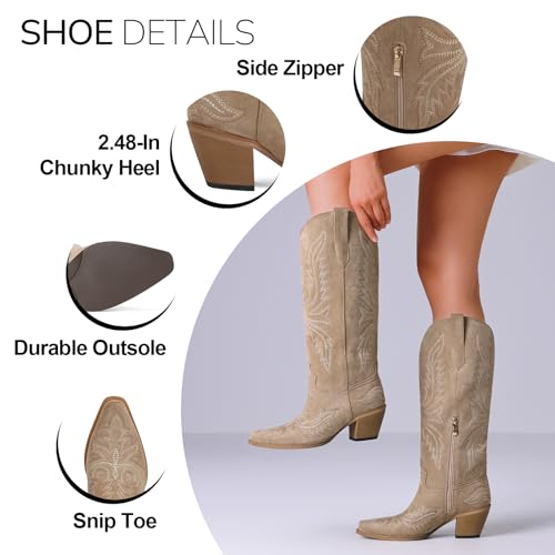 Image of Tscoyuki Cowboy Boots for Women: Embroidered Western Knee High Boots Women - Pointed Toe Chunky Heel Cowgirl Tall Boots