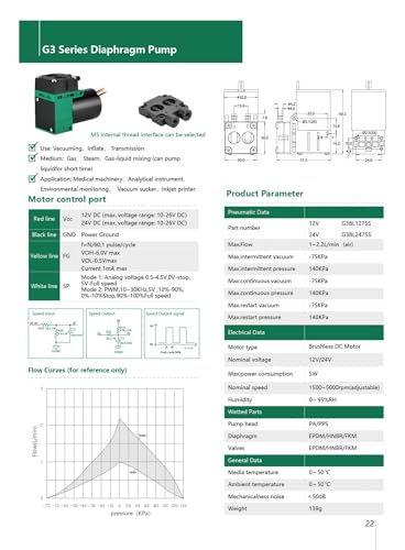 Pompe à vide continue 12V DC sans balais G3BL1275S à membrane
