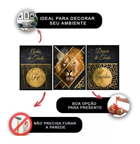 Kit 3 Quadros Sala Leão Luxo Judá Folhas Dourado Fé