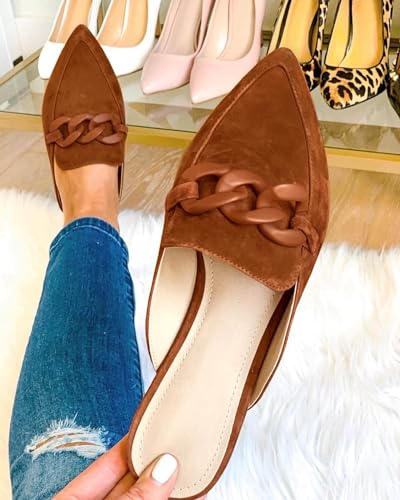 Image of Juliet Holy Womens Mules Flats Pointed Toe Backless Loafers Slip on Metal Chain Slides