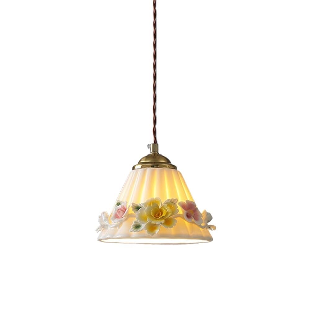 ITOSUI French Retro Pendant Light Gold Brass Ceramic Floral Hanging Lamp 7.9-Inch Pleated Shade Fixture with 59.1" Adjustable Cord for Bedside Dining Room Living Room 1-Light E26 Base