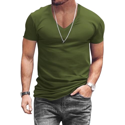 Men V-Neck Solid Slim Casual T-Shirt Classic Short Sleeve Thin Pullover Tops Summer Leisure Sport Exercise Shirts (Navy Green,Small)