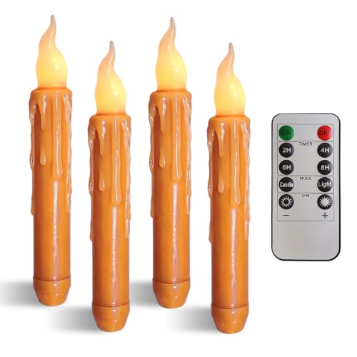 Image of Real Wax LED Flameless Fall Short Taper Candles with Remote, 6.7 Inches Orange Candlesticks, Dripless Battery Operated Flame Rustic Primitive Flameless Lights Fall Decor, Pack of 4