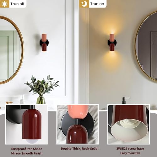 Image of Vintage Wall Sconce Bathroom Vanity: Mid Century Wall Lights Bedroom Hallway - Metal Wall Lighting Mirror (Pink & Red)