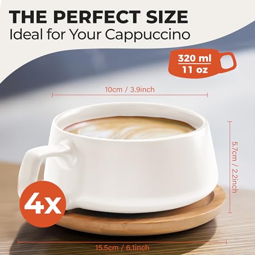 مجموعة - 4 أكواب شاي سيراميك وصحون - البامبو / كوب الشاي- كابتشينو عريض - ميامو، 320 مل، قهوة للكابتشينو واللاتيه والإسبريسو والأمريكانو- لوكس