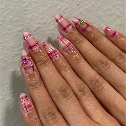 MERVF Almond Press on Nails Medium - Pink Plaid Fake Acrylic Nails, Striped Cute Rhinestones Design Glossy 24pcs