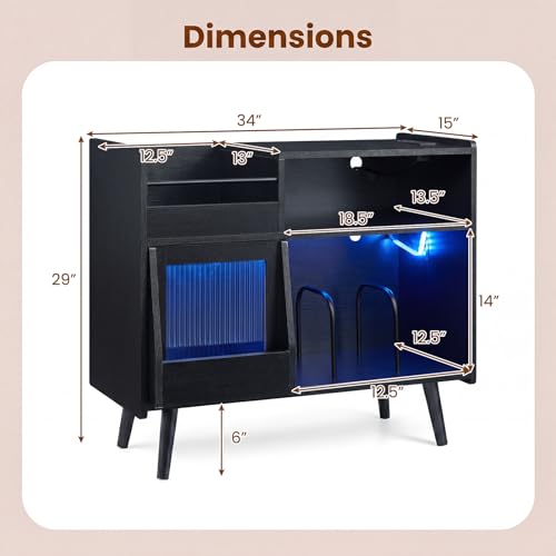 Image of Giantex Large Record Player Stand with LED Light, Mid Century Modern Turntable Stand w /Sliding Door, Charging Station & Plastic Leg, Record Player Table, Vinyl Record Storage for Living Room (Black)