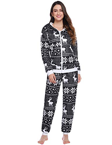 Aibrou Pijamas con Cremallera de Navidad para Mujer,Traje de Copos de Nieve de Renos navideños,Conjunto de 2 Piezas de Navidad Vintage Conjunto de Ropa de Dormir.