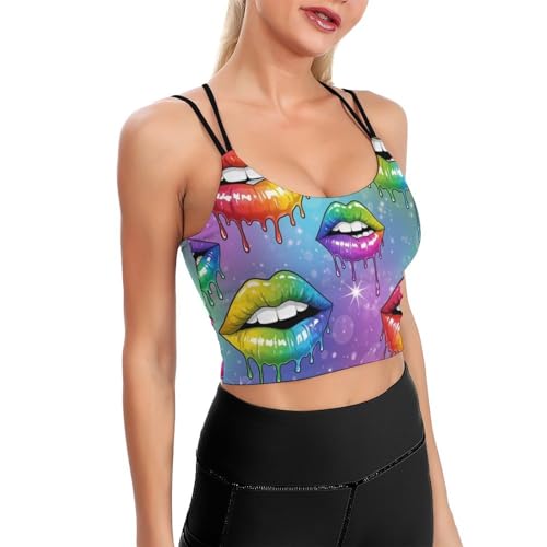 Casual Support Yoga Bra LGBT Gay Homosexual Lesbian Rainbow Lips, Padded Gym Running Workout Tank, Wirefree Sports Top for Women & Girls