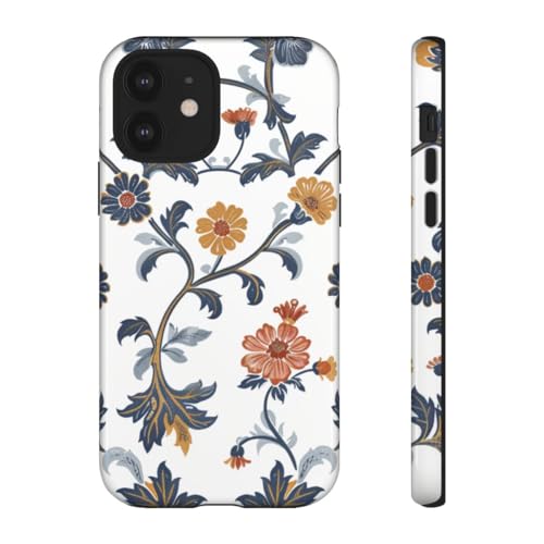 Coque iPhone 12 rigide brillante motif floral rétro bleu orange