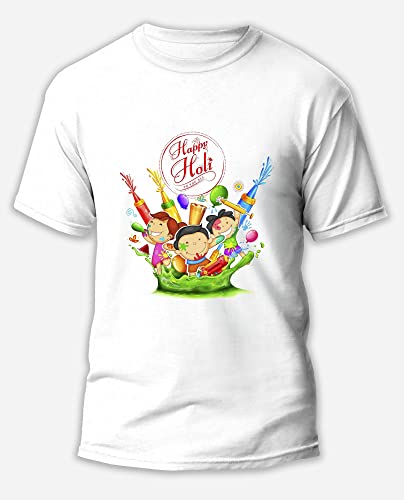 Image of Knitted Polycotton Fabric Regular Fit Men Boys Half Sleeve T-Shirt for Festival of Holi Style 16 White Size : Free