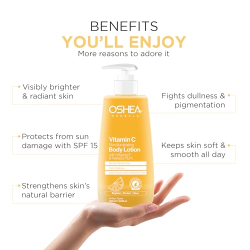 Image of Oshea Herbals Vitamin C Skin Illuminating Body Lotion for Women & Men | Brightens & Hydrates Skin | Reduces Dullness & Pigmentation | Enriched with Vitamin E & Kakadu Plum | All Skin Types 400ml