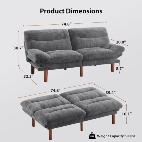 Image of Amada Convertible Corduroy Futon Sofa Bed, 66 inch, Charcoal Gray