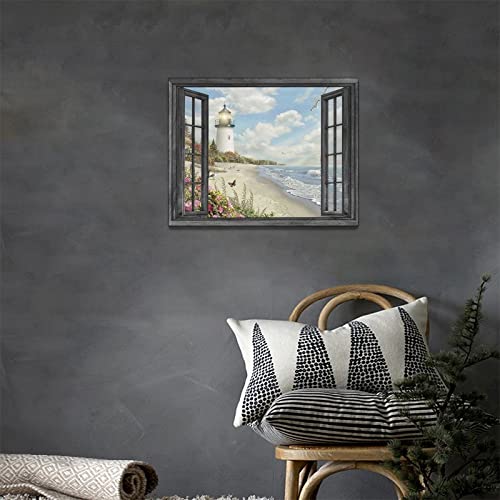 Lighthouse Nautical Wall Art Coastal Beach Pictures Canvas Prints Ocean Decorations Painting Framed Window Seascape Artwork Gifts Office Home Decor For Bathroom Dining Living Room 16"X12" #TOP2