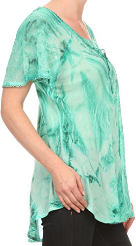 Image of Sakkas Taylay Ombre Tie Dye Batik Long Embroidered Corset Neck Blouse Shirt Top