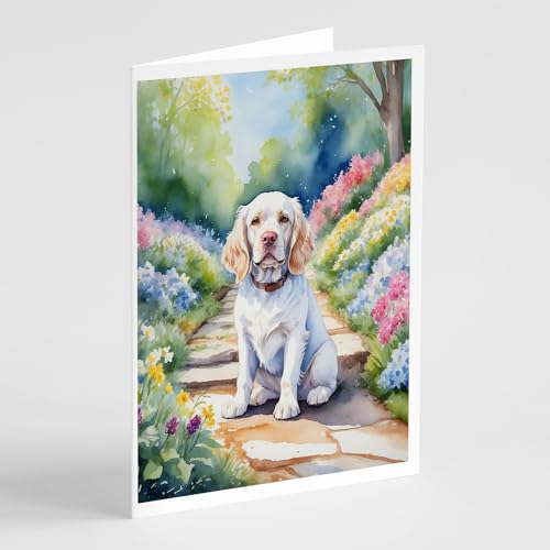 Caroline's Treasures Clumber Spaniel Spring Path Greeting Cards Pack of 8 Blank Cards with Envelopes Whimsical A7 Size 5x7 Blank Note Cards