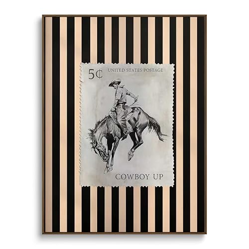 Paivovi Framed Vintage Western Wall Art, Rodeo Cowboy Horse Postage Wall Decor Mid Century Southwest With Stripes Western Canvas Prints for Living Room Bedroom Bathroom 12x16 inch