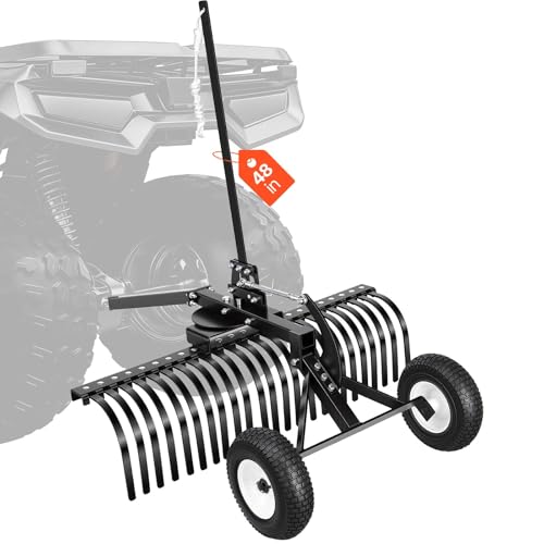 VEVOR 48in Tow Behind Landscape Rake Pull Behind Lawn Rock Rakes for ATV Mower Tractors 24 Durable Steel Tines Adjustable Height & Angle Heavy Duty Dethatcher Rake for Leaves Debris