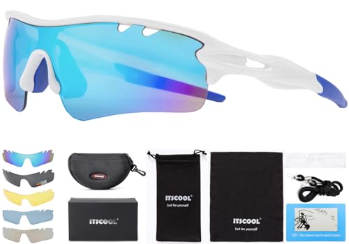 ITSCOOL Polarized Sports Sunglasses with 5 Interchangeable Lenses for Men Women Softball Baseball Running Cycling Glasses White Blue