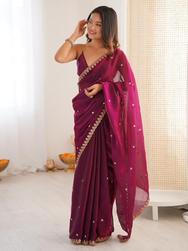 Image of AKHILAM Women's Shimmer Tissue Embroidered Saree With Unstitched Blouse Piece