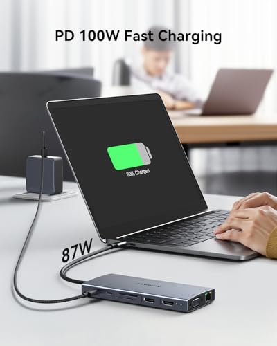 Image of USB C Docking Station Dual Monitor for Dell /HP /Lenovo /Surface Laptop, 15 in 1 Triple Display Multiport Adapter Hub, USBC Dock Dongle with 2 HDMI+VGA+6 USB C /A+Button+100W PD+Ethernet+SD /TF+Audio