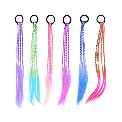 6 Packs Girls Hairband Accessories Wig Ponytail Braid Colored Braids Hair Extensions With Rubber Bands Crazy Hair Day Accessories For Kids Girls Children Rainbow Braided Hair Strands For Party #TOP13