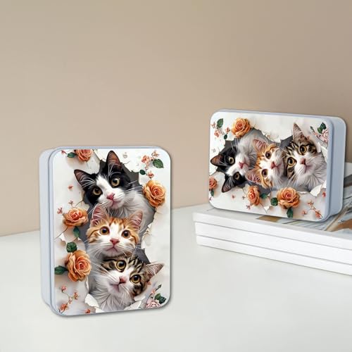 Image of Metal Tin Box with Lid for Game Cards Home Organizer Candles Keys Crafts Storage - Comes with 4 Magnetic Cord Clips，Cute Cats and Roses