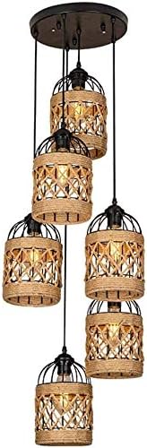 ペンダントライト, 6ヘッド麻ロープシャンデリアグリッドバードケージ