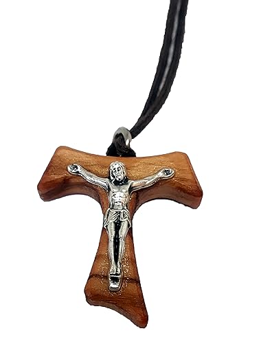 Tau Crucifix St. Saint Francis Olive Wood Cross With Necklace Cord Rope 1 inc With Silver Crucifix
