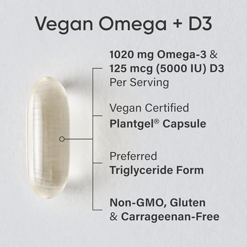 Image of Sports Research Vegan Omega-3 with Vitamin D3 Softgels - 1020mg Omega-3 & 5000iu D3 Supplement - Fish Oil Alternative with Vitamin D Plant-Based Support from Algae Oil - 60 Veggie Softgels for Adults