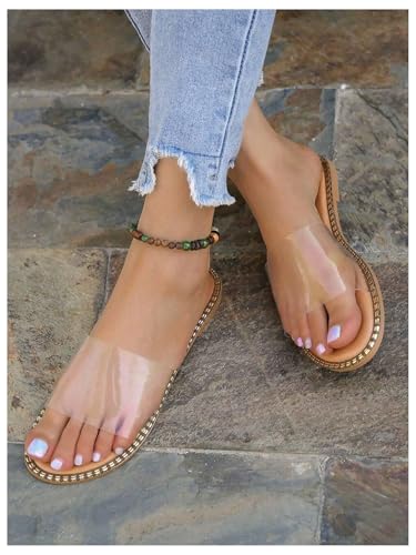GORGLITTER Women's Metallic Clear Sandals Dressy Summer Transparent Open Toe Slip On Slides Vacation Beach Flats Sandal4