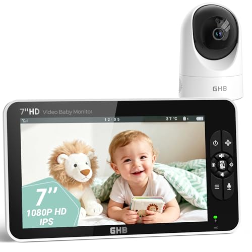 GHB Baby Monitor Video e Audio Schermo 7'', 168 Ore di Autonomia, 350°/90°, 1080P, 4000mAh, Modalità VOX, Visione Notturna, Rilevamento della Temperatura, Visualizzazione a Schermo Diviso