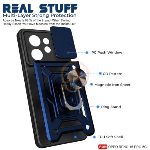 Image of Armor Bumper Back Cover Case for Oppo Reno 15 Pro 5G Rotating Camera Cover, Ring Holder & Kickstand | Heavy Duty & 360 Degree Protection Oppo Reno 15 Pro 5G Back Cover (Blue)