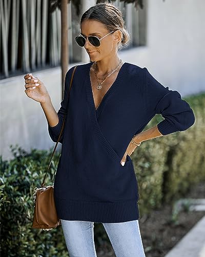 Image of LookbookStore Women's Knit Long Sleeve Faux Wrap Surplice V Neck Sweater Top