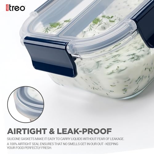 Image of Treo by Milton Clip Fresh Rectangle 3-Compartment Glass Container 1000 ml| High Borosilicate Glass | Airtight & Leak-Proof | Microwave & Fridge Safe | Ideal for Meals, Snacks & Fruits, Transparent
