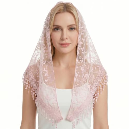 Ohmqiue Catholic Veil for Women Mass - Soft Stretchy Triangle Lace Chapel Veil Elegant Floral Prayer Mantilla (Pink)