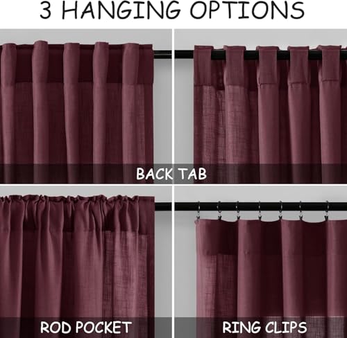 Image of Nanspring Burgundy Linen Curtains for Living Room 105 Inches Long Light Filtering Semi Sheer Curtain Back Tab Vintage Boho Decor Elegant Luxury Drapes for Bedroom Dinner Room 52x105, 2 Panels