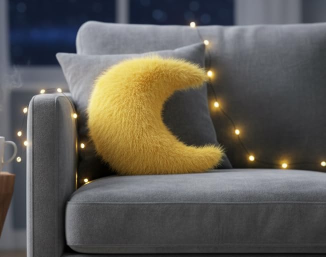 Image of Moon Plush Pillow, White Faux Fur, Decorative Throw Cushion (Small)