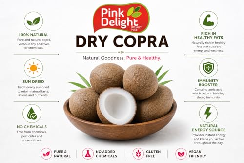 Image of Pink Delight Whole Dry Copra (Sukha Nariyal) | Natural & Sun Dried Coconut | Premium Quality Copra Gola | Rich in Healthy Fats | Ideal for Cooking, Sweets & Pooja Use (Approx 400-500 gm)