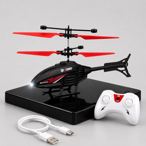 Image of KIDZYMON RC Helicopter with Hand Gravity Sensor, Flying Remote Control Helicopter Toy, Chargeble, 3D Light & Safety Sensor for Kids Age 4+ Years I Pack of 1 (Black Red Wings)